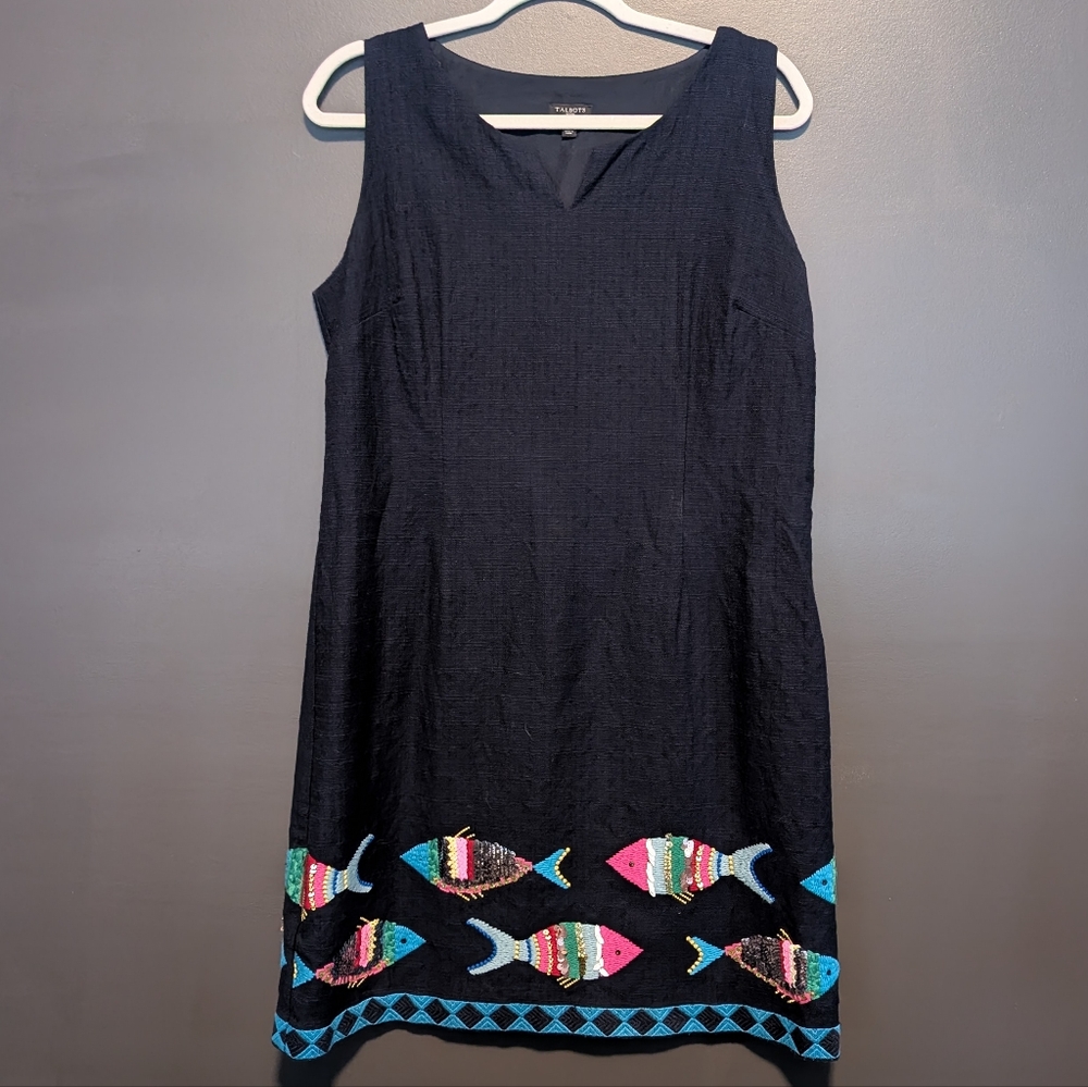 Denim Sleeveless V-Neck Mini Sundress with fish embroidery Sz 14 petite